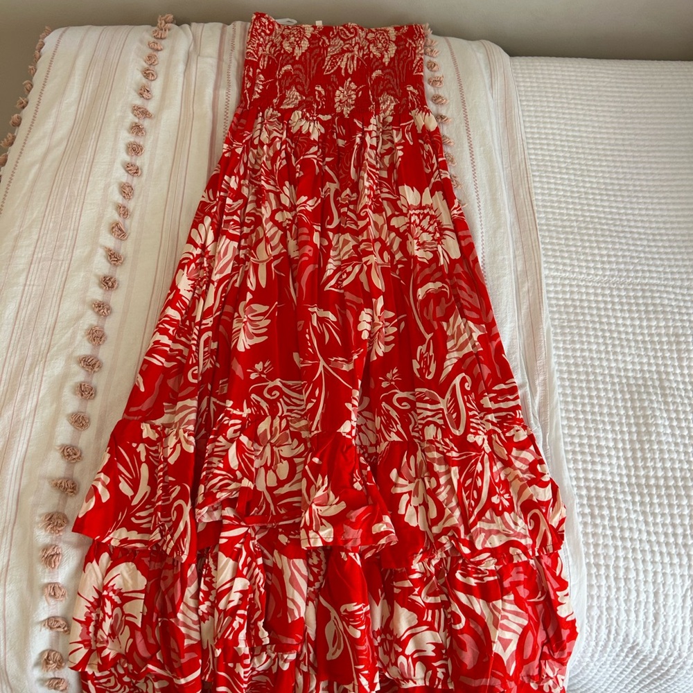 Smocked Waist Red Floral Maxi Dress